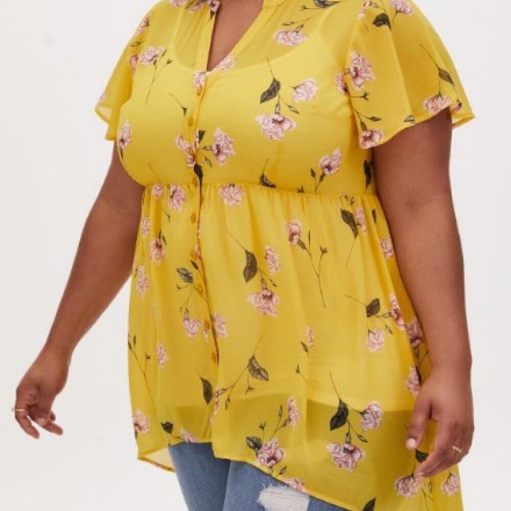 Torrid Lexie Babydoll Chiffon Top – Yellow Floral – Size 0 (L/12) NWOT - Picture 5 of 16